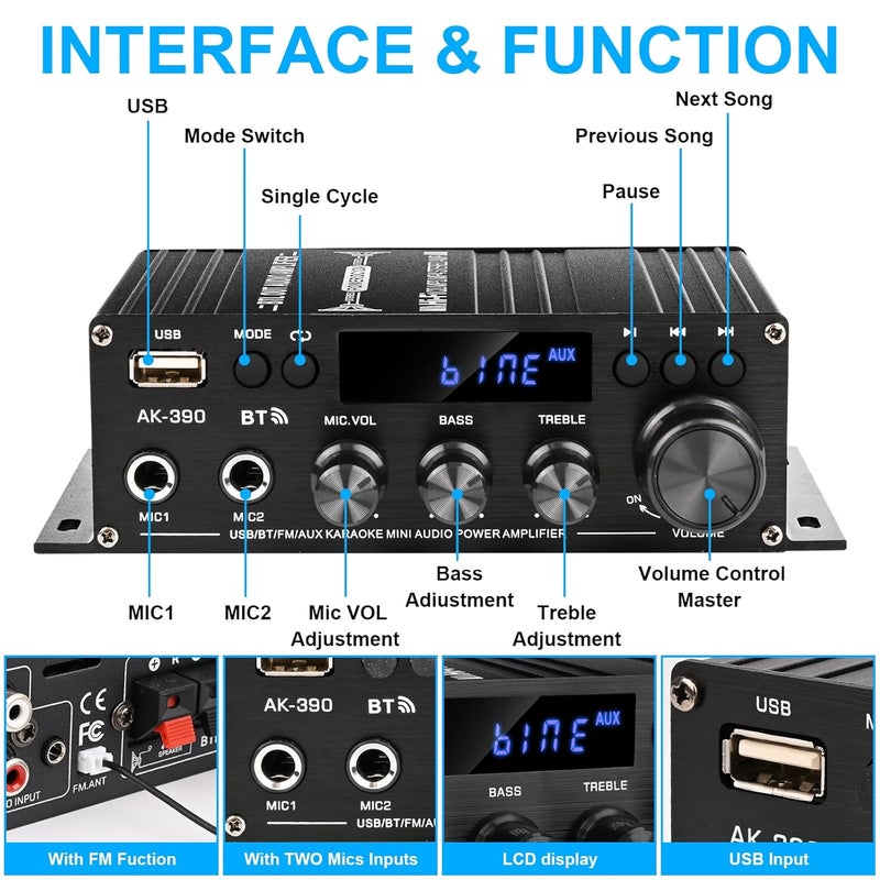 Romicta Stereo Audio Amplifier, 2.0 CH Mini HiFi Stereo AMP Bluetooth 5.0 Amp Receiver with 400W+400W, FM, AUX, USB, Microphone Input, 12V 5A Power Supply, Power Amplifier for Car Home Bar Party - Image 2